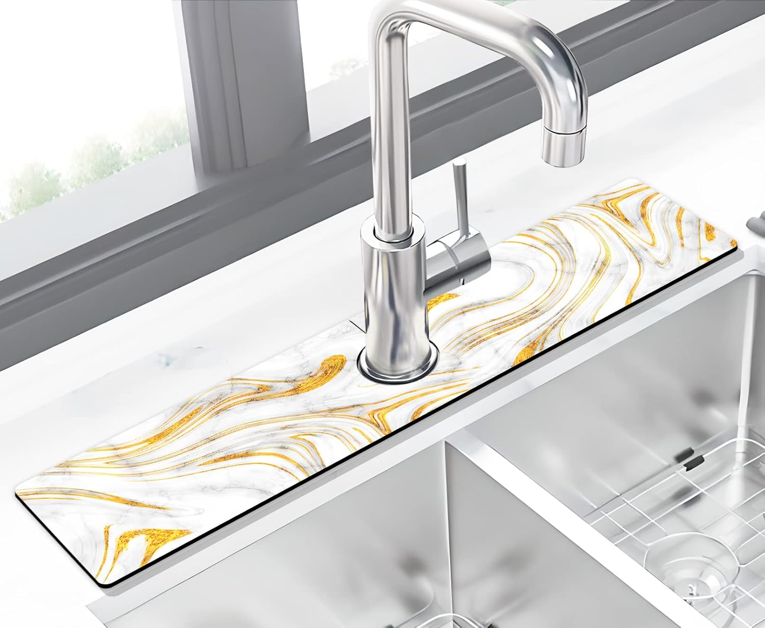

VIKAMA Marble Pattern Faucet Mat, Kitchen Sink Splash-Proof Mat, Super Absorbent and Quick-Drying Mat, Kitchen Accessories 10x38cm 4x15inch