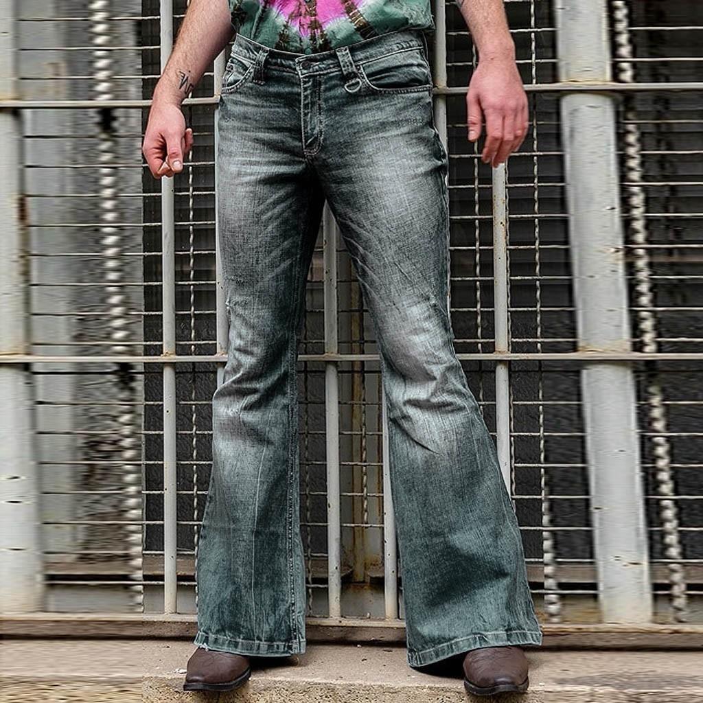 Men Fashion Loose Denim Straight Trouser Distressed Jeans Long Flare Pants