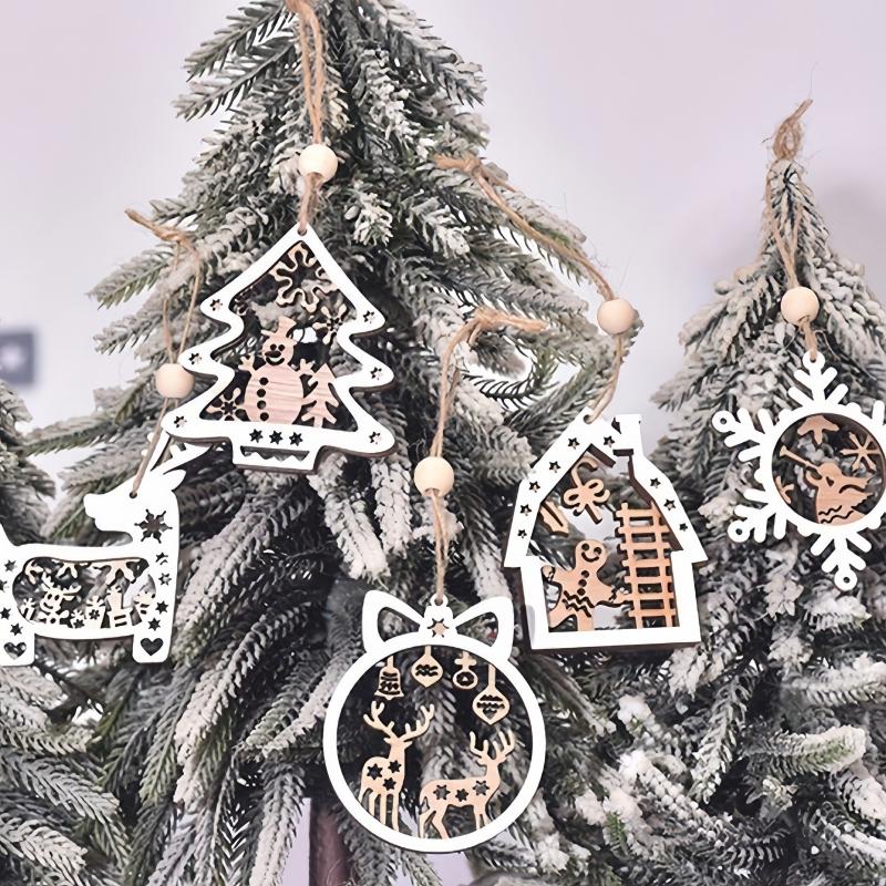 12pcs 1 Set Rural Style Wooden Christmas Tree Decoration Set Carved Christmas Decoration, Suitable for Farmhouse Holidays