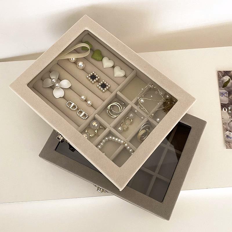 Elegant Velvet Jewelry Box with Lock - Compact Dustproof Storage for Rings, Necklaces, Earrings & More with Glass Lid