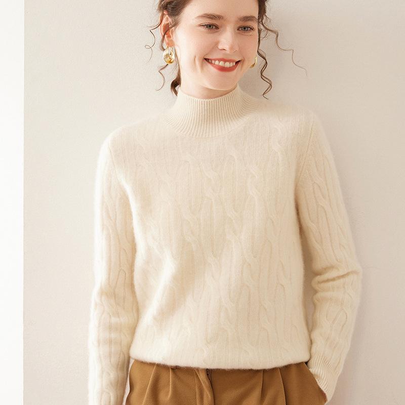 Women's Cashmere Cable Knit Sweater: Autumn/Winter Long Sleeve, Loose Fit, Half-High Neck, Thick and Warm Base Layer.
