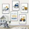 Kreslený Jeřáb Bagr Traktor Nákladní plakát Nástěnné umění Obraz na plátně Dětská školka Chlapci Obrázky Nordic Wall Print Room Decor
