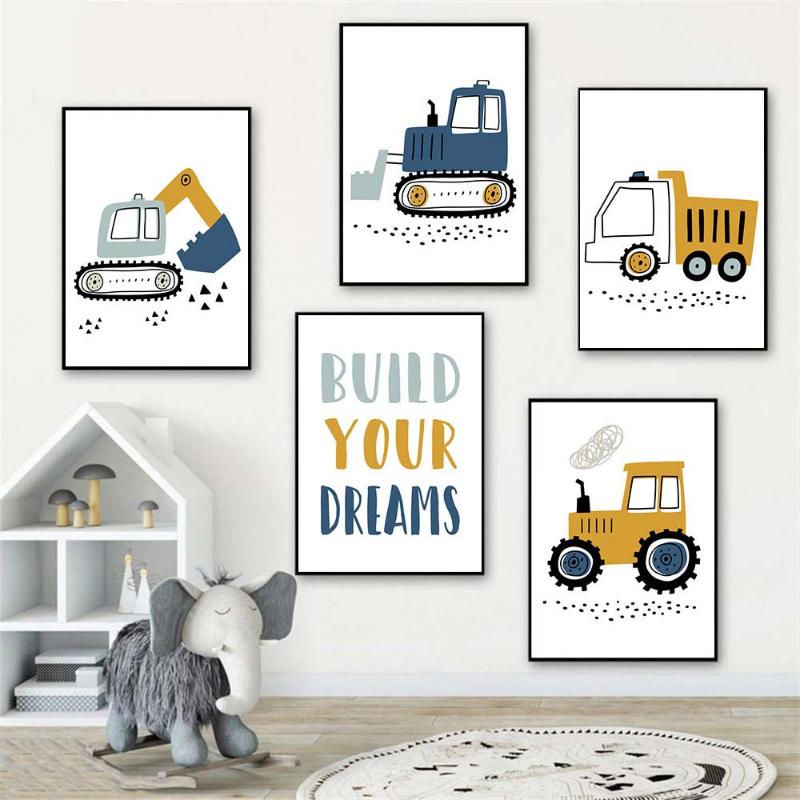 Kreslený Jeřáb Bagr Traktor Nákladní plakát Nástěnné umění Obraz na plátně Dětská školka Chlapci Obrázky Nordic Wall Print Room Decor