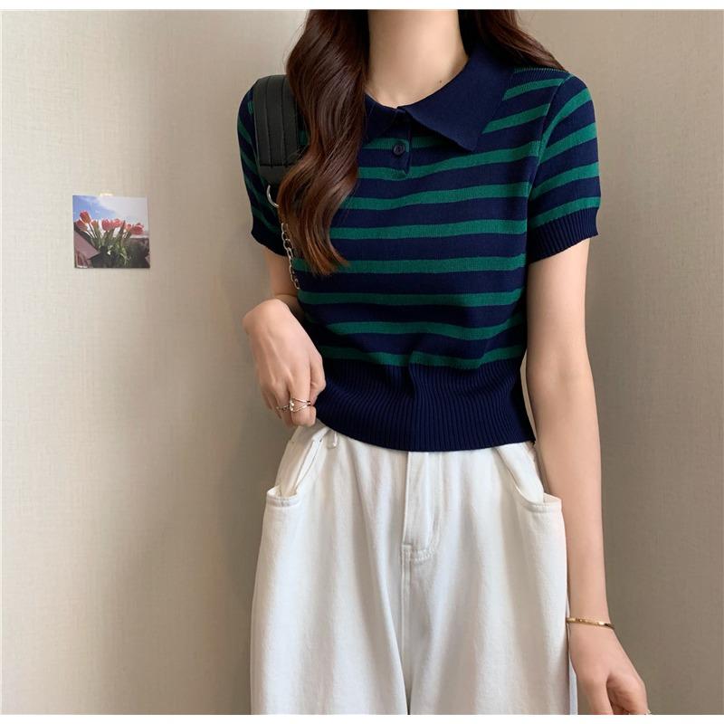 Çok Yönlü Kısa Üstler Kadın Retro Renk Bloklu Çizgili Beli Oturan Örgü Giyim Tide Günlük Yazlık Temel Konfor ve Stil Slim Fit Kazaklar Tişörtler