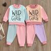 Little Girl Contrast Color Outfit, Letter Print Mock Neck Long Sleeve Sweatshirt Elastic Waist Pants 2 Piece Fall Set