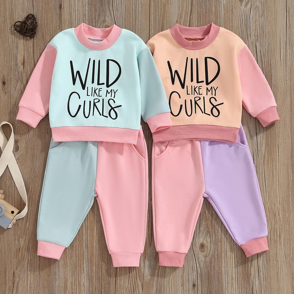 Little Girl Contrast Color Outfit, Letter Print Mock Neck Long Sleeve Sweatshirt Elastic Waist Pants 2 Piece Fall Set