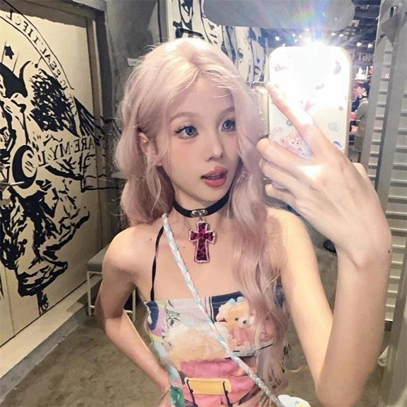 Choker Cruzado Estampado de Leopardo Estilo Y2K Millennial Collar Cadena para Clavícula Diamante Japonés Feng Shui Nicho