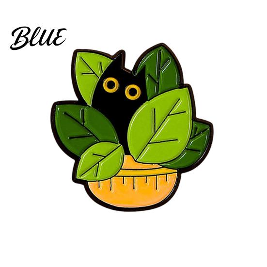 Cat Lapel Pin Enamel Brooch Cartoon Green Plant Shape Compact
