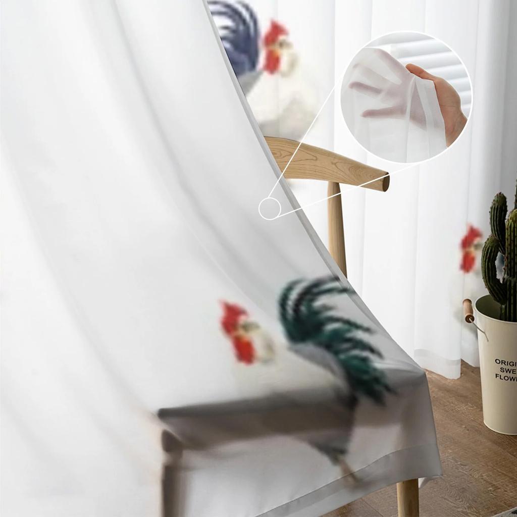 Tende Trasparenti con Simpatico Motivo di Galli per Finestra Soggiorno Tenda in Voile Tulle Trasparente Drappeggi Camera da Letto Decorazione Casa
