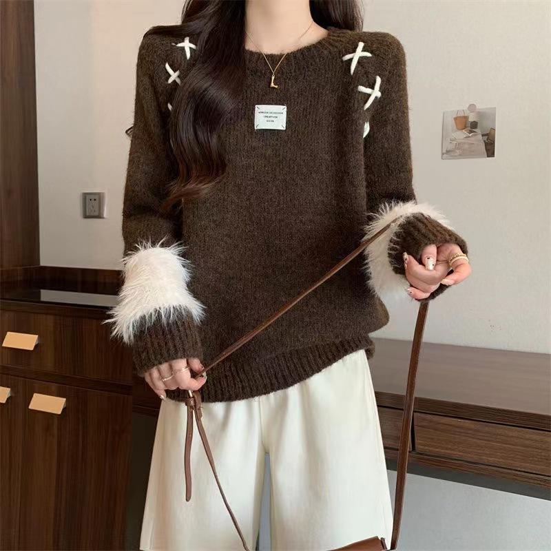 

Женская одежда больших размеров осень и зима корейская версия модный дизайн бант плюшевые манжеты вязаный свитер женский One Size темно-коричневого