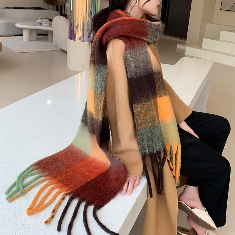 Winter New Scarf Women's Winter Thickened Warm Scarf Colored Plaid Fringed Scarf Shawl Fashionable Outer Cover