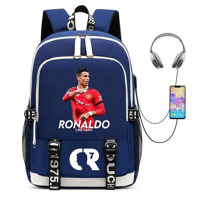 Weltcup-Star-Peripherie-Rucksack mit Aufdruck, USB-Schnittstelle, großer Kapazitäts-Freizeit-Reiserucksack Backpack blue