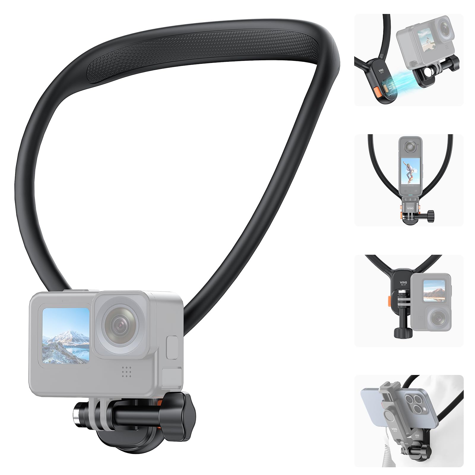 

Крепление на шею VRIG для аксессуаров для магнитной присоски, рыболовный шейный замок, совместимый с osmo action 5, osmo pocket, AKASO Brave hero чёрный
