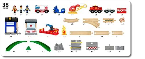 BRIO WORLD Rescue Team Set 36025 [44 Pieces] for Ages 3 and Up (Electric Train Toy with Wooden Tracks) Red, Green, Blue, and Yellow