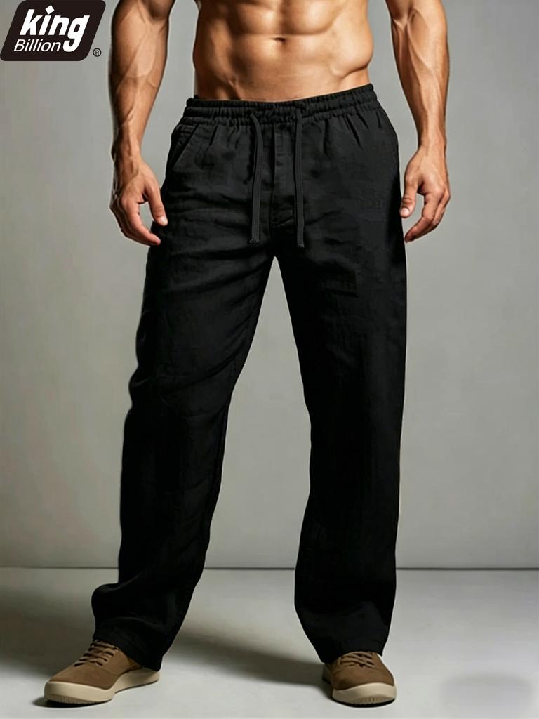 Pantaloni da uomo in misto lino e cotone — Vita con coulisse regolabile, Gamba dritta ampia, Morbidi, Traspiranti, Casual estivi, Neri