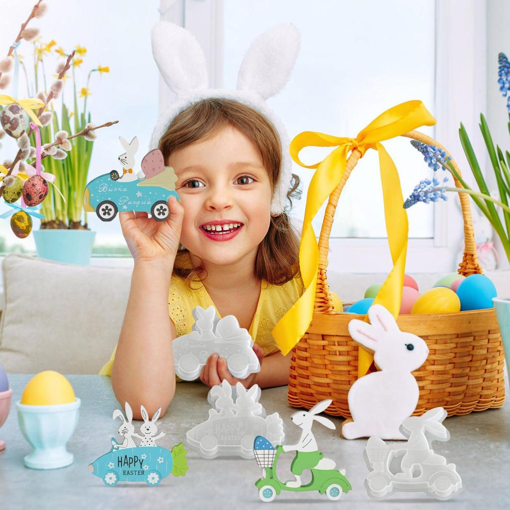 3pcs Easter Bunny Riding Gypsum Ornaments DIY Driving Bunny Aromatherapy Spring Silicone Mold Plaster Epoxy Wax Clay Craft