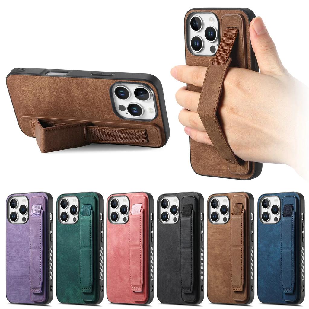 Kickstand Wrist Strap Leather Phone Case for iPhone 16 15 Pro Max Plus SE 2025 Shockproof Protective Cover
