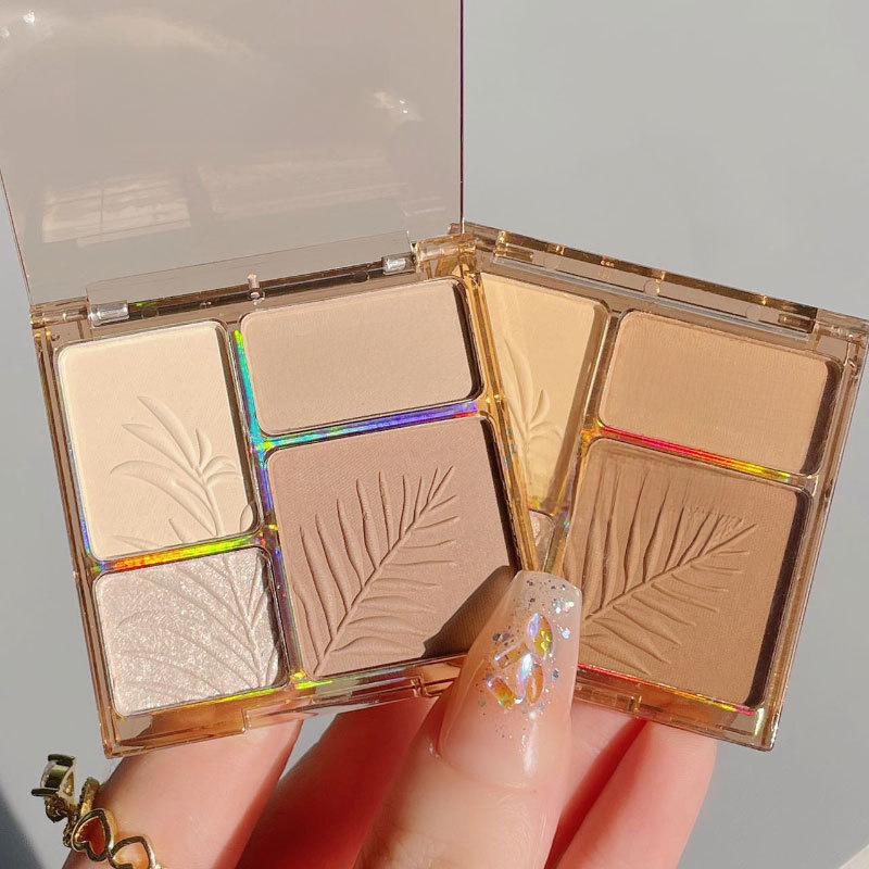 Four-Color Contour & Highlight Palette: Pearlescent Matte, Brightening Glitter, Natural 3D Finish.