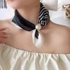 Black White Stripe Polka Dot Scarf Flower Printed Silk Scarf Pearl Magnetic Buckle Scarf  Outdoor