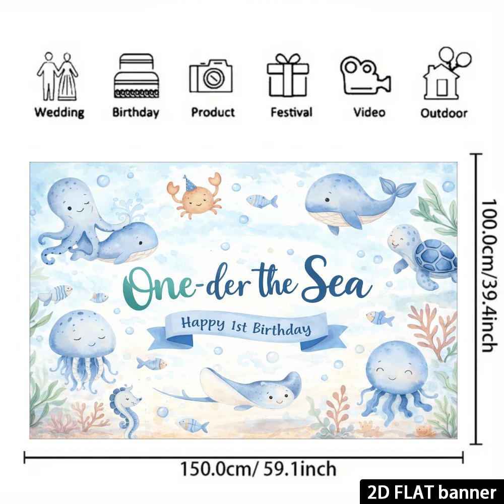 2D flat minimalist ocean  One der the Sea  birthday background  watercolor style octopus  whale  crab 150X100