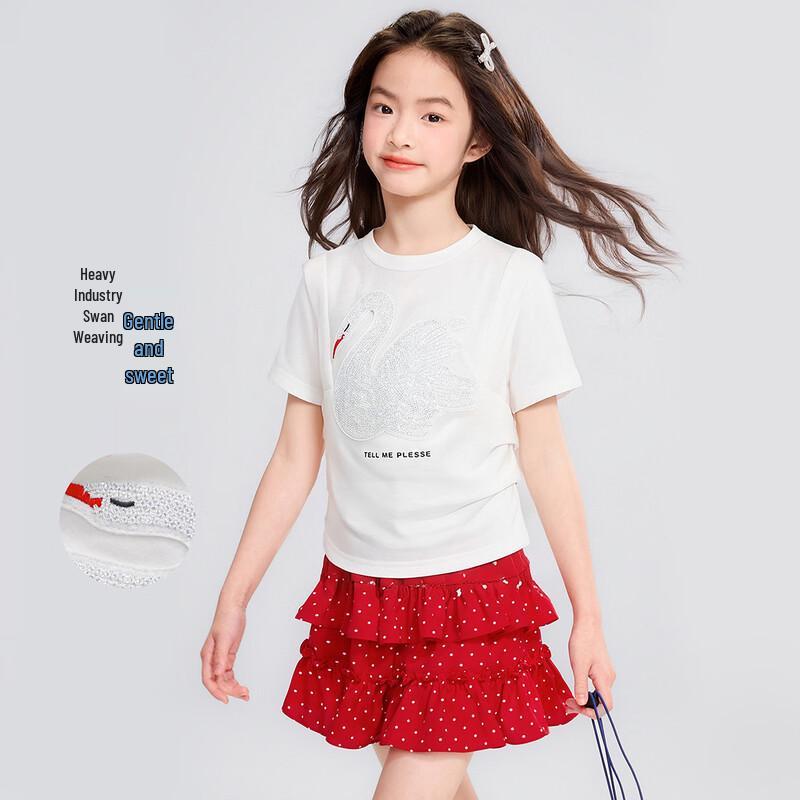Girls' 100% Cotton Little Swan Cartoon Short Sleeve T-Shirt