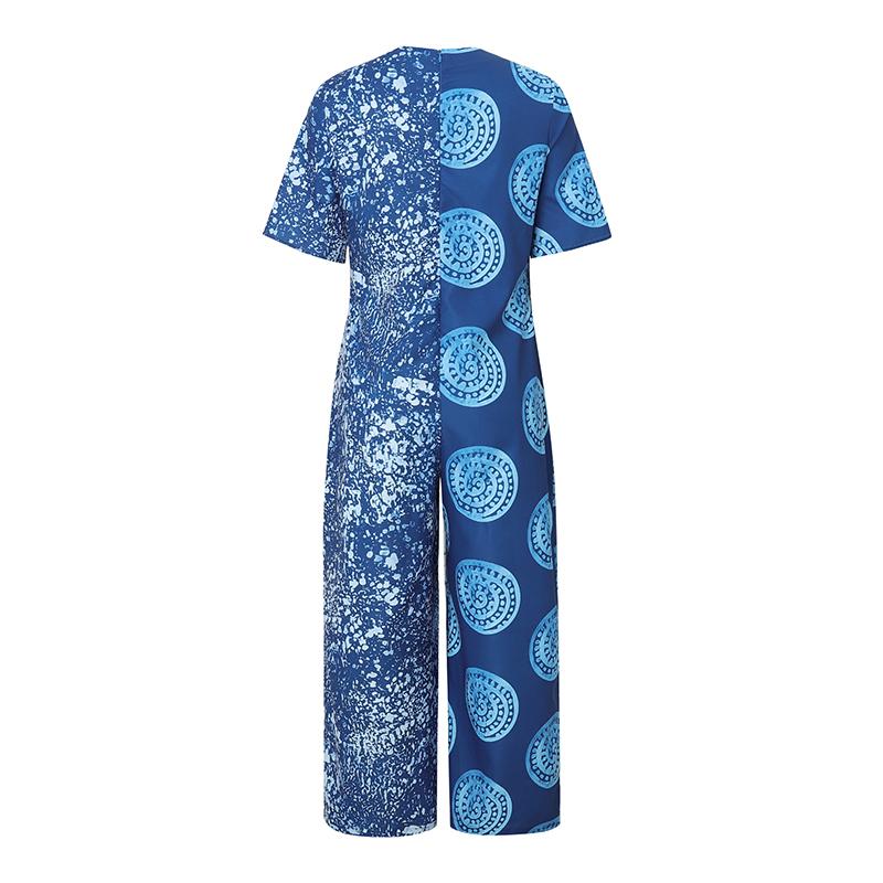 Women Plus Size O-Neck Short Sleeve Polka Dot Print Long Wide Leg Jumpsuits