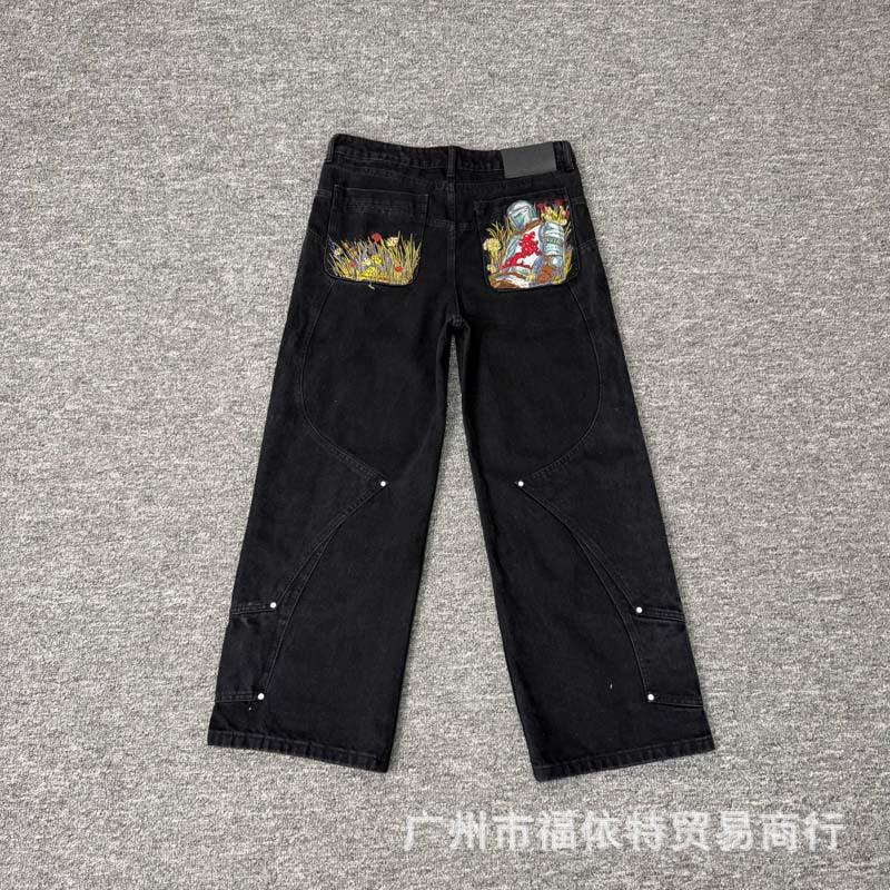 Vescartes Gefallener Engel Bestickte Jeans Locker Gerades Bein Vintage Hose Herren Damen