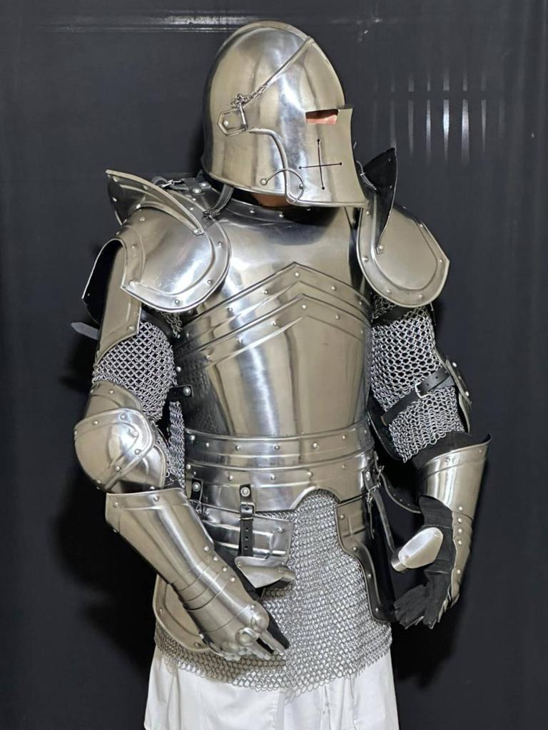 Mittelalterliches Ritterkostüm Rüstungsset mit Barbuta-Helm Cosplay LARP Kostüm