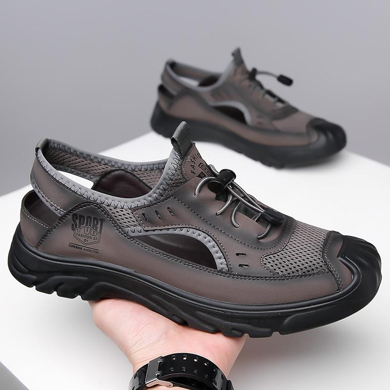 Baotou Sandals Leather Hollow Wading Shoes Men'S Casual Soft Sole Breathable Hole Shoes Men'S Shoes