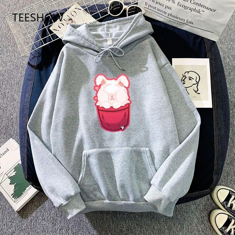 Angora Rabbit Pocket Hoodies WoUnisex Fashionable Hooded Sweatshirt Fleece Warm Pink Streetwear Hoody Autumn Unisex Clothes