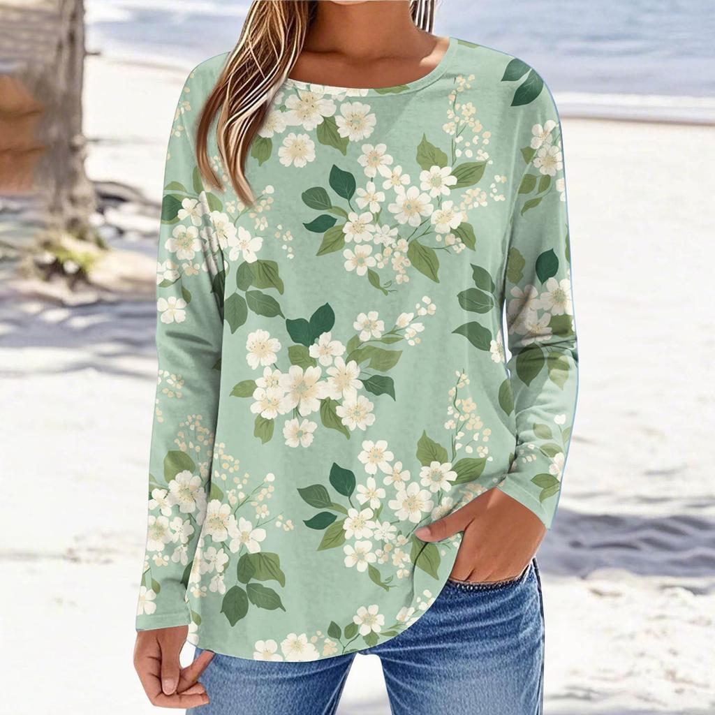 Women's Fashionable Casual Printed Long Sleeved Round Neck Top Round Neck Top Top