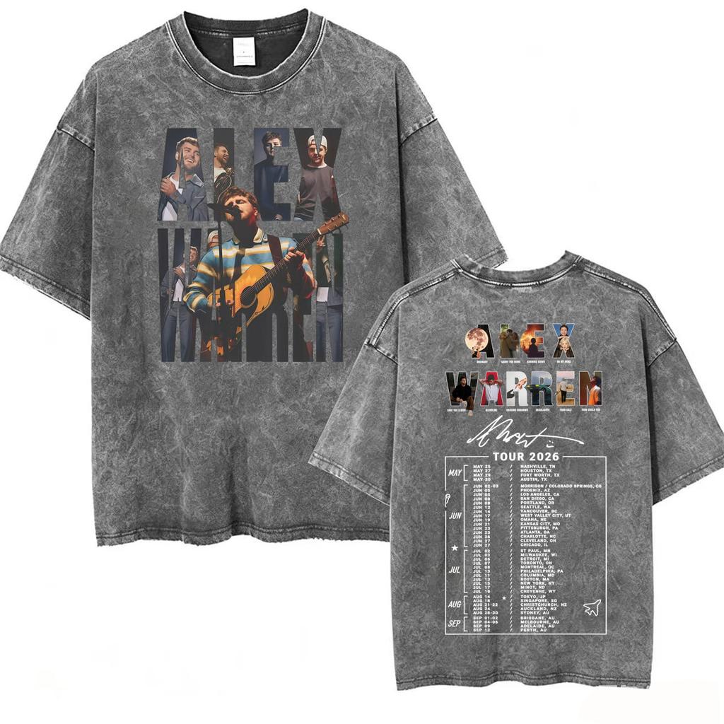 Alex Warren Moon Kunstwerk Musiktour 2026 Vintage Washed T-Shirt Herren Damen Mode Punk Hip Hop T-Shirts Sommer Oberteile Lockeres T-Shirt