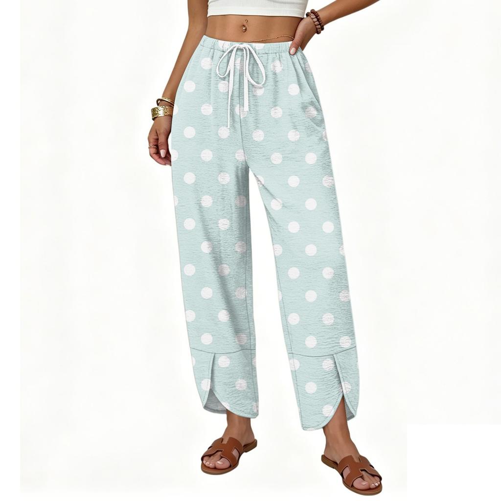 Damen Lässige Weite Hosen Lockerer Sitz Gerader Schnitt Knopfdetail Bedrucktes Muster Kordelzug Taille Lange Hosen
