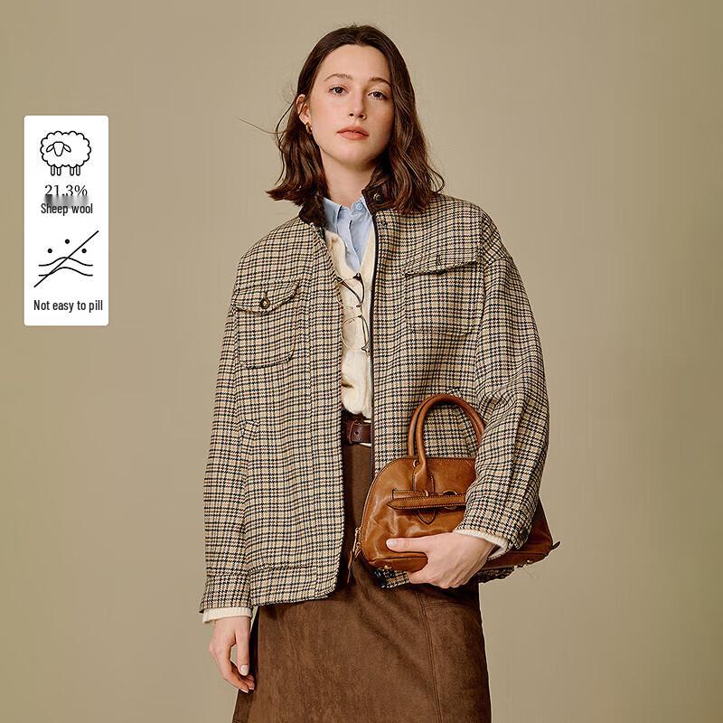 

Women s Plaid Wool Blend Half-High Neck Short Coat M