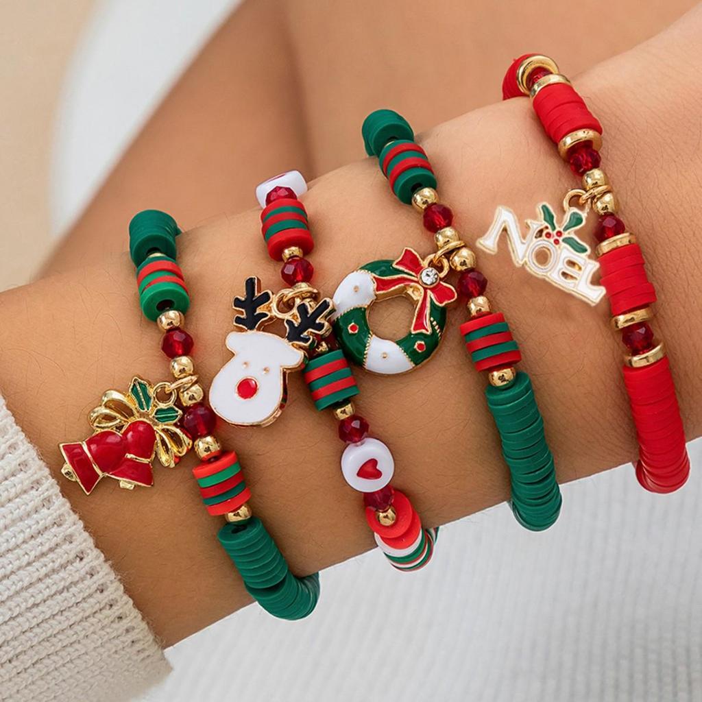 Christmas Color Block Letter Polymer Clay Beaded Bracelet Set with Snowman Design