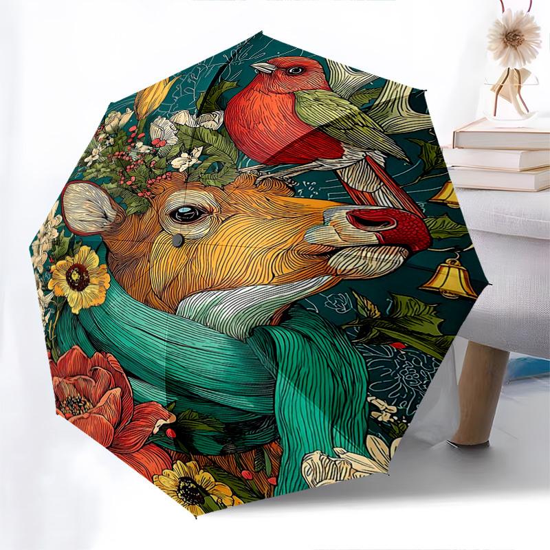 

1pc Floral Deer Head with Bird Design Automatic Opening Folding Umbrella, 8 Bone Iron Frame, Outdoor, Festive Gift for Fans, Travelers, Daily Use.B006