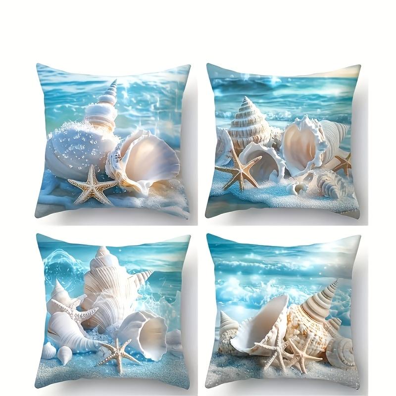 4er-Set, Neue Sommer-Dekorative Quadratische Kissenbezüge mit Meeresmotiv, Bedruckt mit Muscheln, Schneckenhäusern, Seesternen und Anderen Meereslebewesen-Mustern, Weiches Polyester F