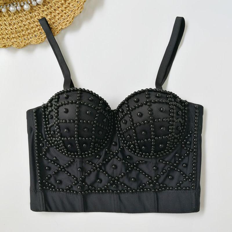 

Pearl Suspender Vest Fishbone Soft Support Outwear Corset Steel Ring Crop Top Sexy Short Stage Performance Fashion Style Black 38C/85