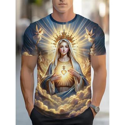 T-Muster T-Shirt Für Männer Heilige Mutter und Sohn 3D-Druck T-Shirts Sommer Locker Kurzarm T-Shirts O-Ausschnitt Oberteile Streetwear