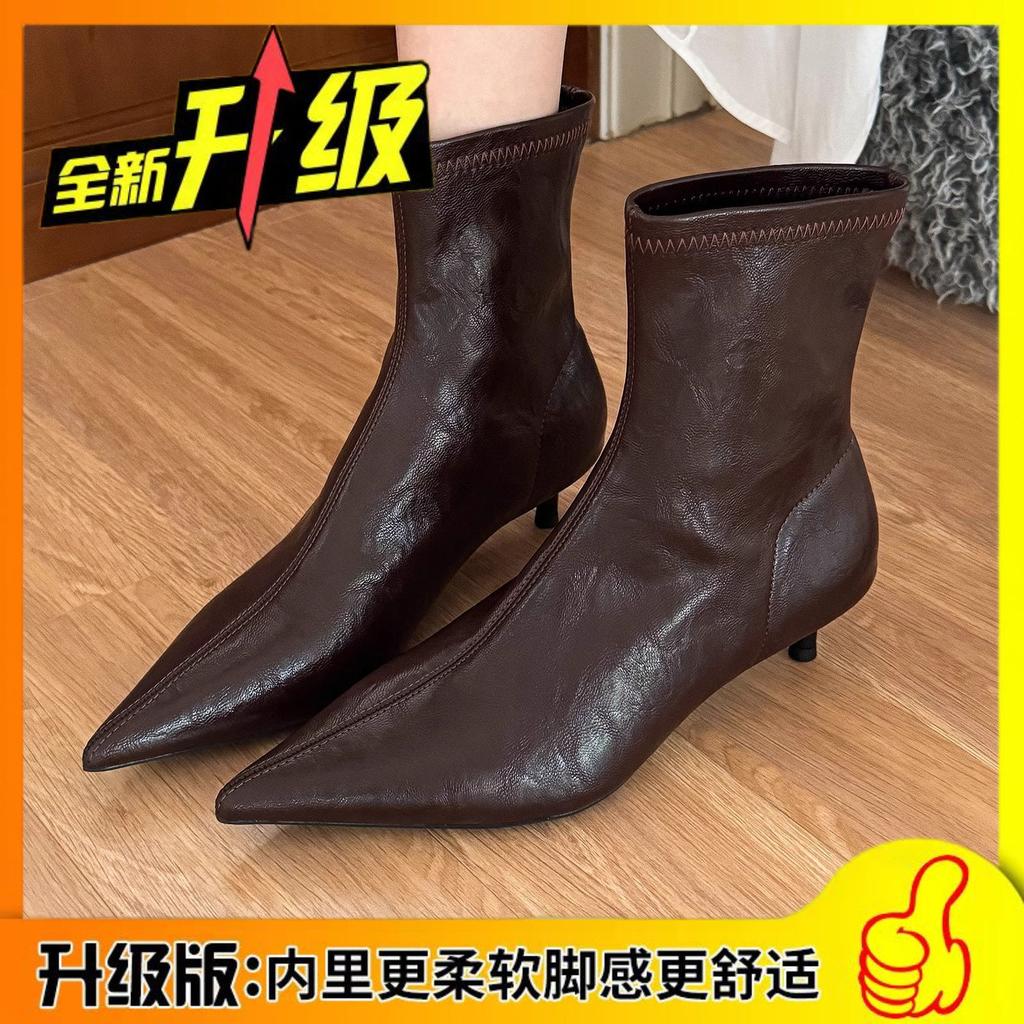 Vintage Brown Soft Leather Cat Heel Boots Women's 2025 Autumn New Fashion and Versatile Small Heel Leather Boots Women's Fashion Boots