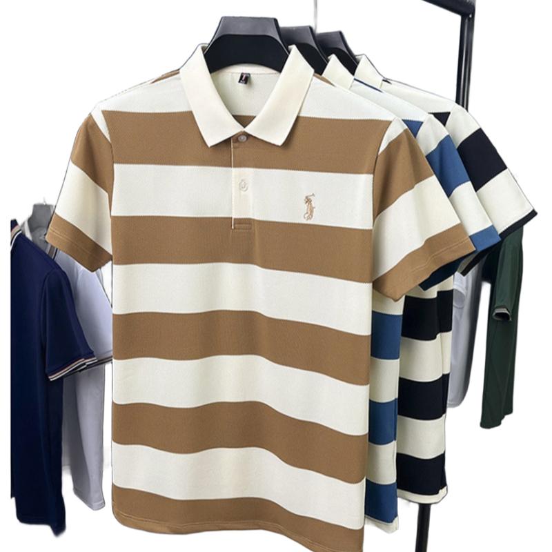 Herrskjorta i koreansk stil, tryckt, randig, pikétröja, bomull, slag, avslappnad, kortärmad topp