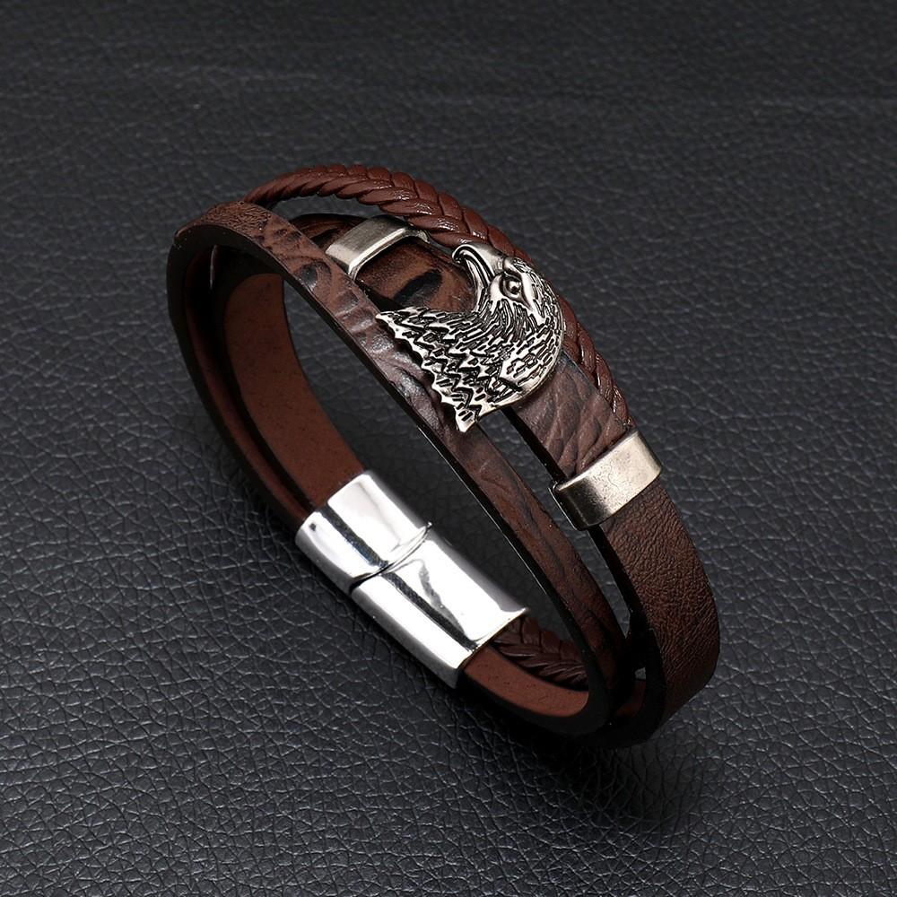 European and American Retro Style Eagle Alloy Magnetic Buckle Multi-layer Hand-woven Men's Leather Bracelet