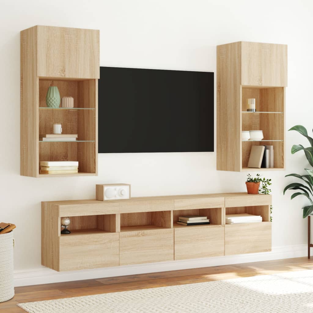 Vidaxl Ścienne Szafki Tv Z Led, 2 Szt., Dąb Sonoma, 40X30X40 Cm