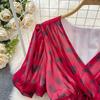Fashion Dress for Women V Neck A-line Flounced Edge Printing Chiffon Vestidos Lace-up Folds Lining Dresses Summer