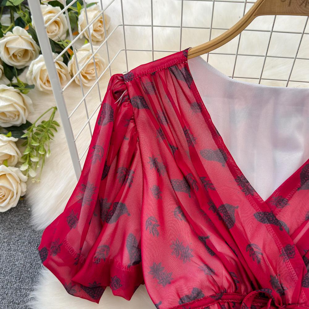Fashion Dress for Women V Neck A-line Flounced Edge Printing Chiffon Vestidos Lace-up Folds Lining Dresses Summer