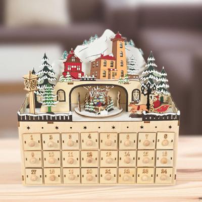 Christmas Wooden Advent Calendar with 24 Drawers Scene LED Lights Tabletop
