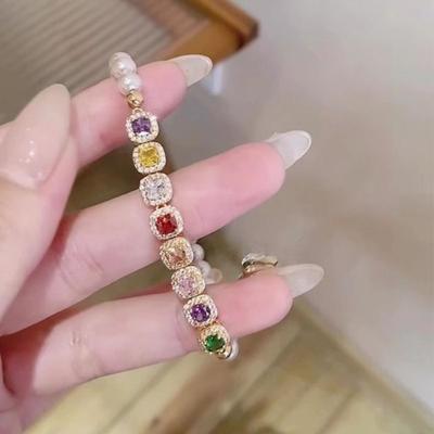 Pulsera Arcoíris Vintage con Pedrería Joyería de Mano de Lujo Pulsera de Perlas y Cristales Adorno para la Muñeca Adornos Pulsera de Zirconia de Colores