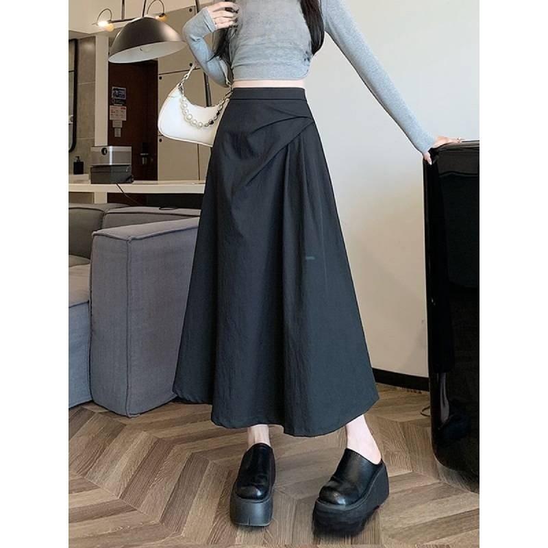 Womens Black Irregular Hem Cotton Blend Midi Skirt For Autumn Winter Fashion