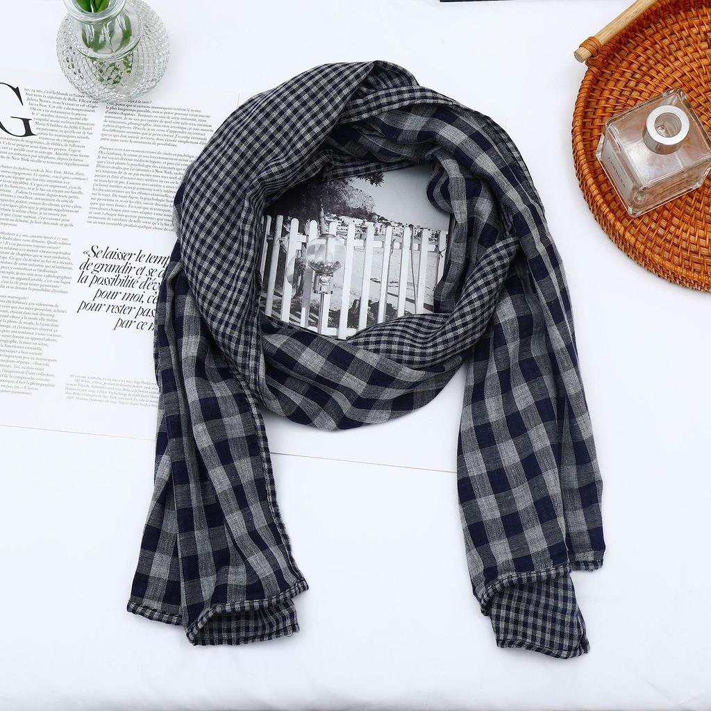 Korean Retro Plaid Cotton Linen Scarf - Double-Sided, Versatile Neck Warmer for Men & Women, Autumn/Winter