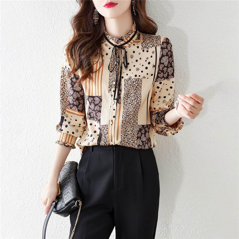 Splicing Printed Shirt Women's Long Sleeved Lace Up Ruffle Edge Shirt Casual Versatile Top